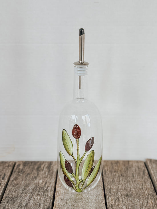 Bouteille en verre pour huile ou vinaigre design branché d'olives peint à la main