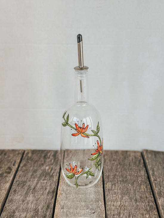 Bouteille en verre pour huile ou vinaigre design fleur abstraite peint à la main