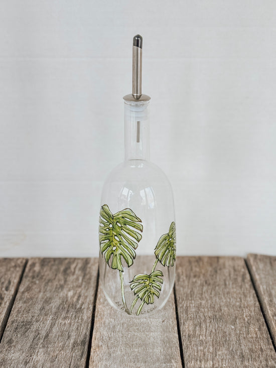 Bouteille en verre pour huile ou vinaigre plante monstera peinte à la main
