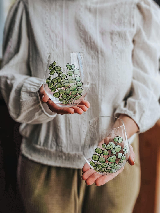 Duo of hand-painted eucalyptus design glasses