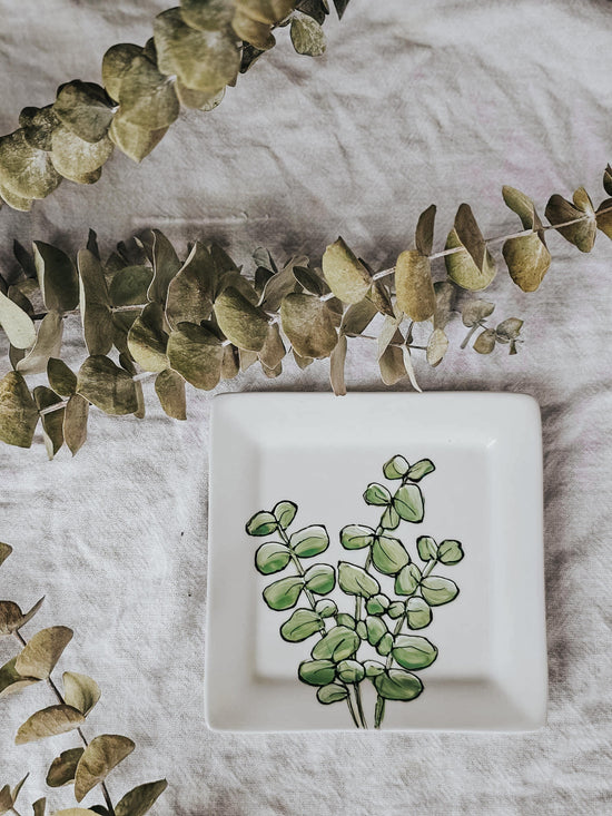 Assiette carrée design eucalyptus