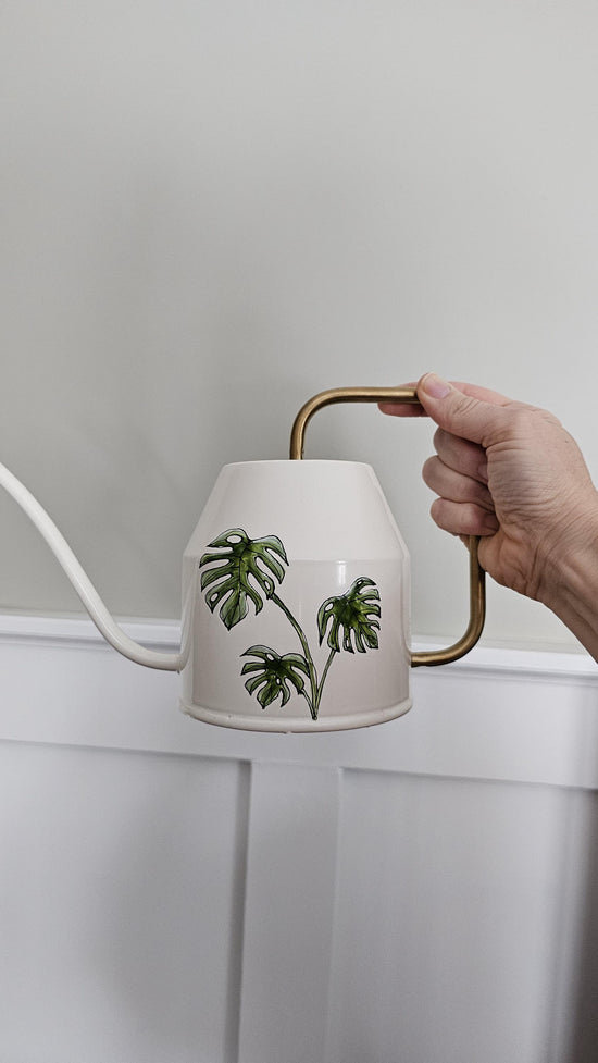 Arrosoir couleur blanc perlé peinte à la main design monstera