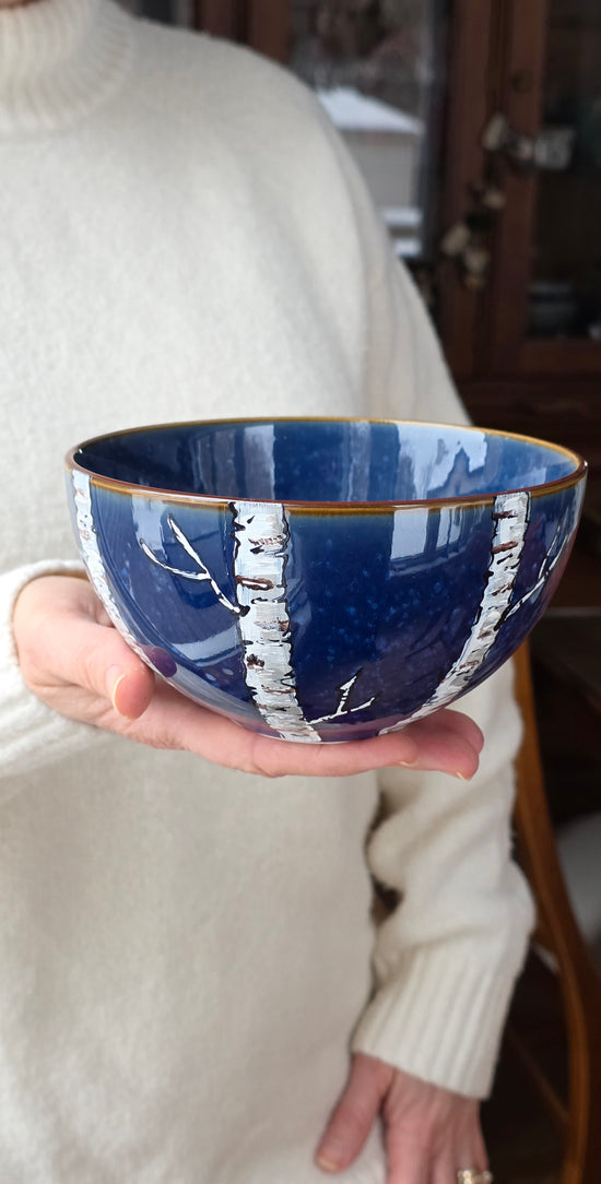 Bol bleu méditerranéen design bouleaux, idée cadeau peint à la main