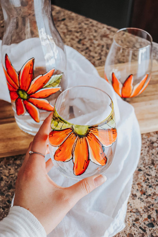 Carafe d'eau et 1 duo de verres sans pied design fleur orange