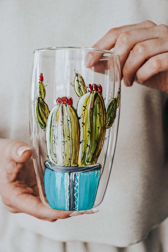 Verre double paroi peint à la main design cactus