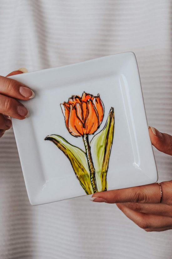 Assiette carrée design tulipe orange