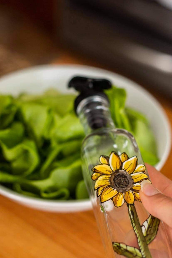 Bouteille en verre pour huile ou vinaigrette design tournesol peint à la main