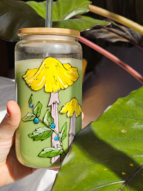 Verre canette avec couvercle et paille design champignon