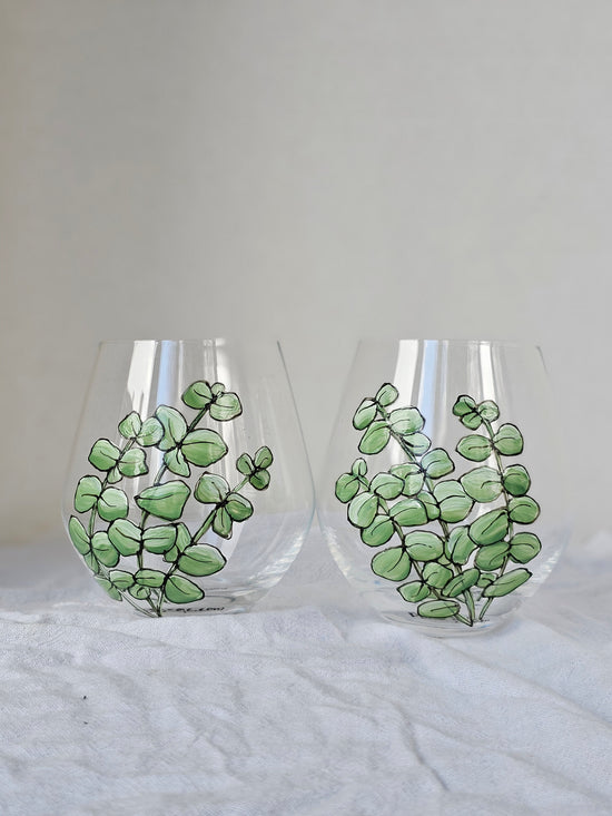 Duo of hand-painted eucalyptus design glasses