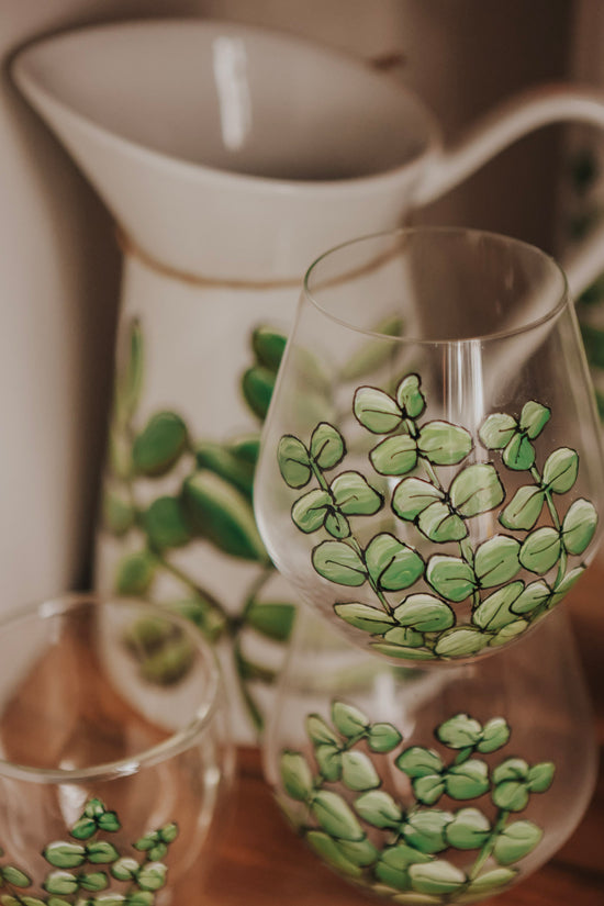 Duo of hand-painted eucalyptus design glasses