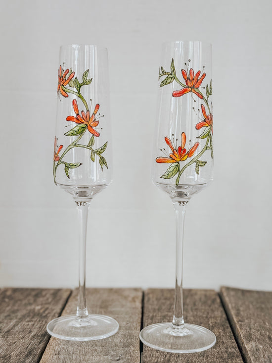 Duo de flûtes à champagne fleurs abstraites