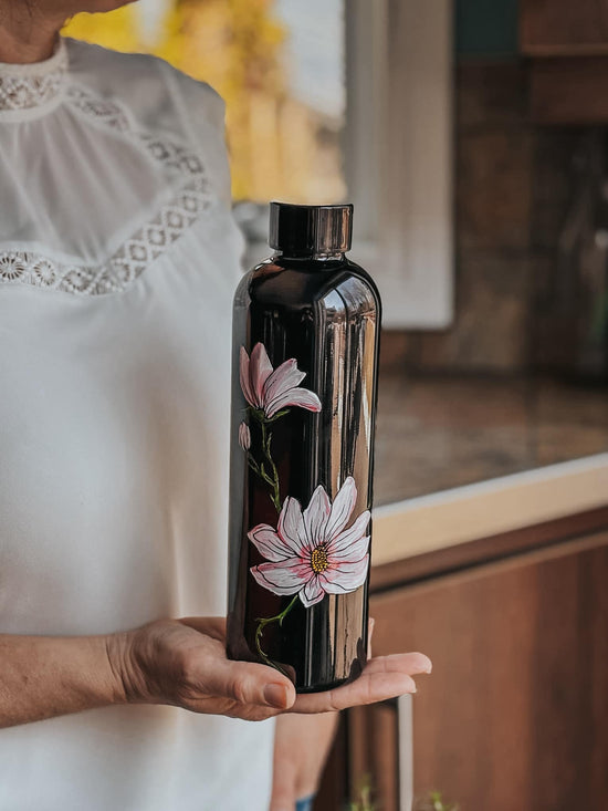 Gourde isolante noire lustré design fleur magnolia