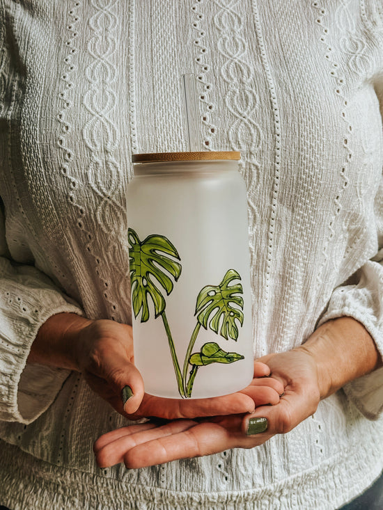 Verre givré- canette avec couvercle et paille design plante Monstera