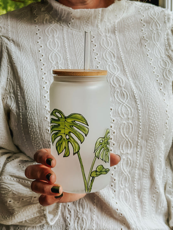 Verre givré- canette avec couvercle et paille design plante Monstera