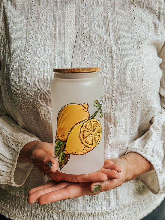 Verre givré-canette avec couvercle et paille design citrons