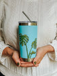 Turquoise insulated bottle with monstera plant design