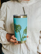 Turquoise insulated bottle with monstera plant design