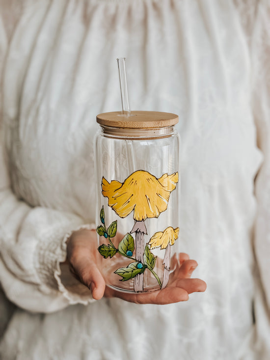 Verre canette avec couvercle et paille design champignon