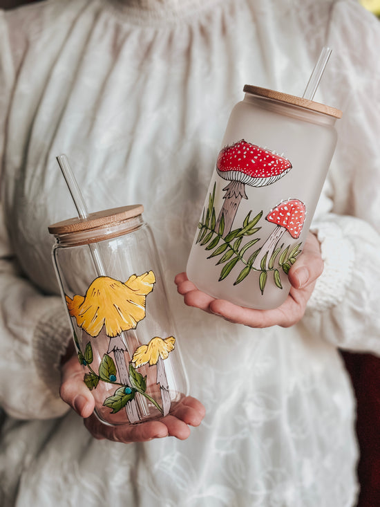 Verre Canette champignon Amanite Tue-Mouches  – Peint à la Main, Unique & Magique parfait pour smoothie, matcha, eau