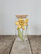 Glass - can with lid and straw design yellow daffodil plant