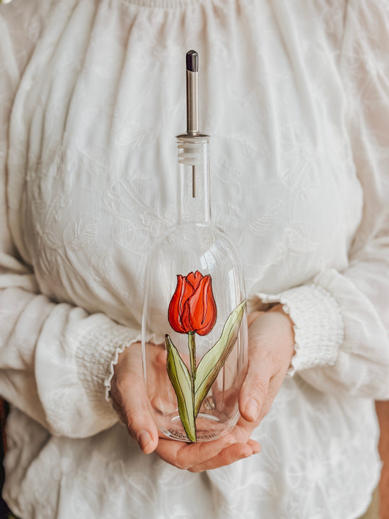 Bouteille en verre pour huile ou vinaigre design tulipe rouge peint à la main