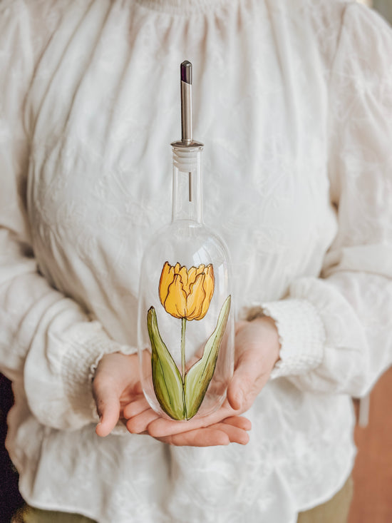 Glass bottle for oil or vinegar hand painted yellow tulip design