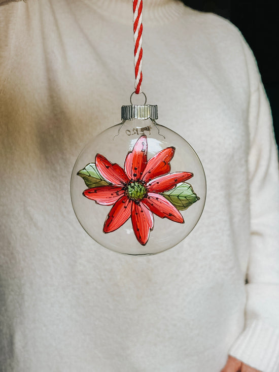 Boule de Noël  - Ornement en verre fleur rouge Pero