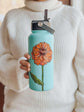 Idée cadeau Gourde d'eau 32 oz isolante turquoise design peint a la main d'une fleur zinia signée Pero