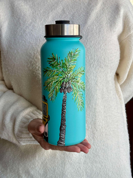 Idée cadeau Gourde d'eau 32 oz isolante turquoise design peint à la main Westfalia et palmier signé Pero