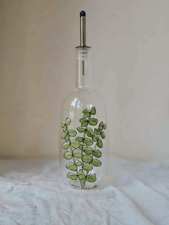 Glass bottle for oil or vinegar hand painted eucalyptus design