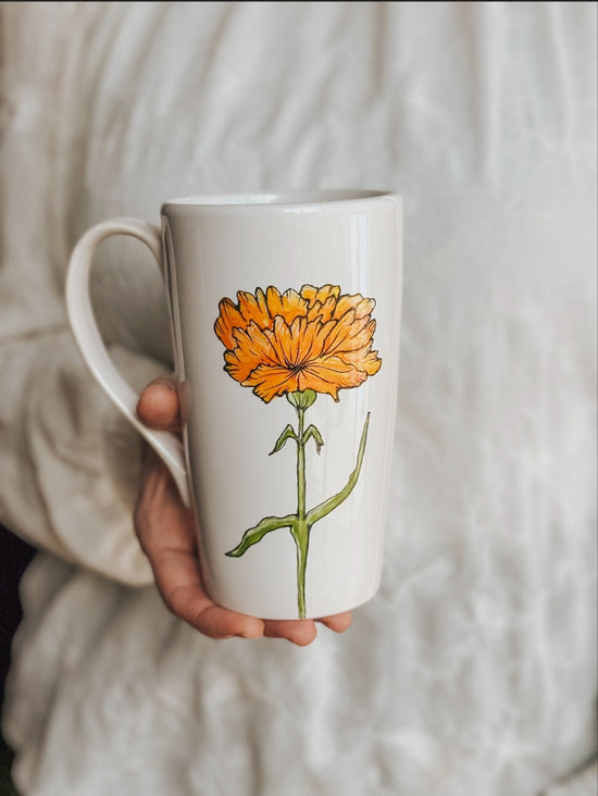 Large stoneware mug marigold flower collection for coffee