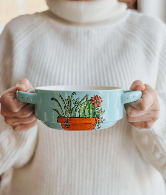 Idée cadeau: bol turquoise lustré avec 2 anses, design plantes succulentes peintes à la main par Pero