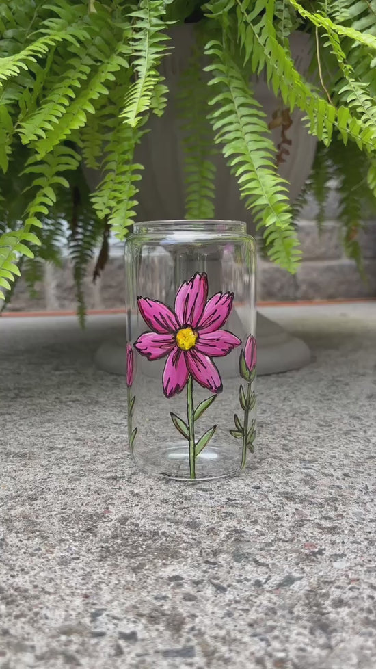 Fuchsia cosmos designer can glass with lid and straw