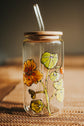 Glass can design nasturtium yellow flower with lid and straw