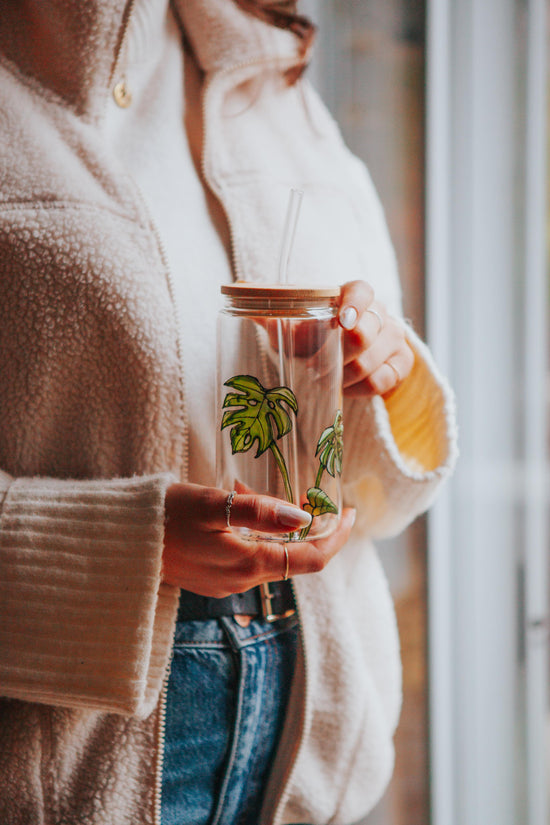 Verre - canette avec couvercle et paille design plante Monstera