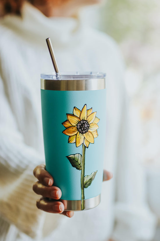 Turquoise insulating water bottle with sunflower design
