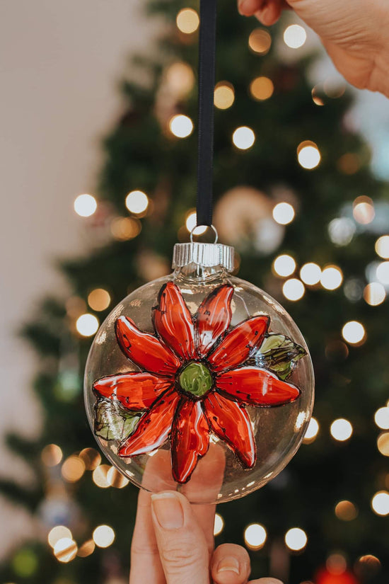 Boule de Noël  - Ornement en verre fleur rouge Pero