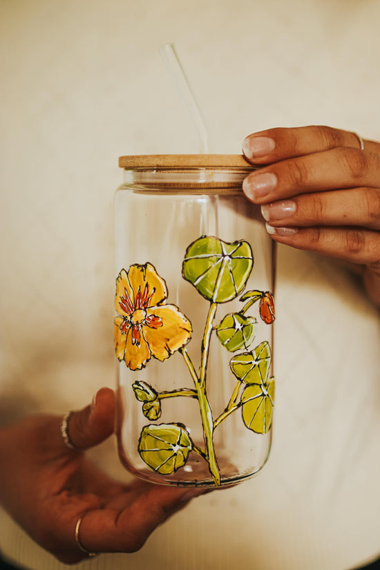 Glass can design nasturtium yellow flower with lid and straw