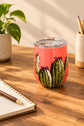 Cactus design coral steel insulating glass with lid and straw