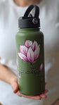 32 oz insulated green water bottle, hand-painted rudbeckia flower design.