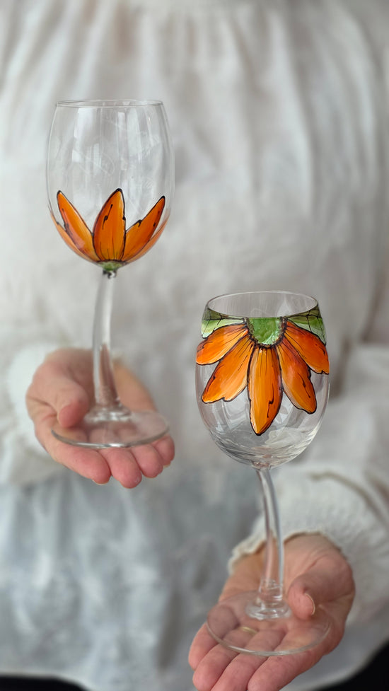 Duo de verres petits formats avec pieds fleurs orange