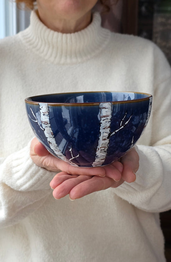 Bol bleu méditerranéen design bouleaux, idée cadeau peint à la main