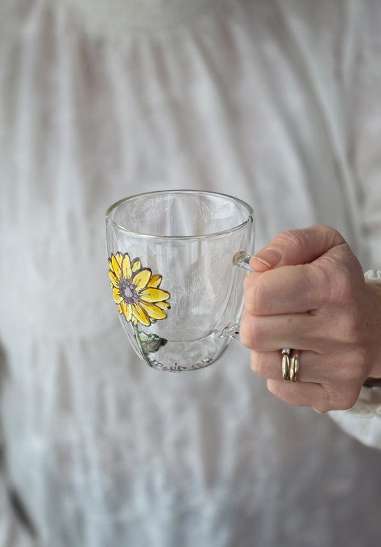 Tasse double paroi en verre espresso, design tournesol