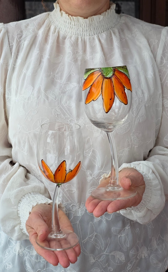 Duo de verres petits formats avec pieds fleurs orange