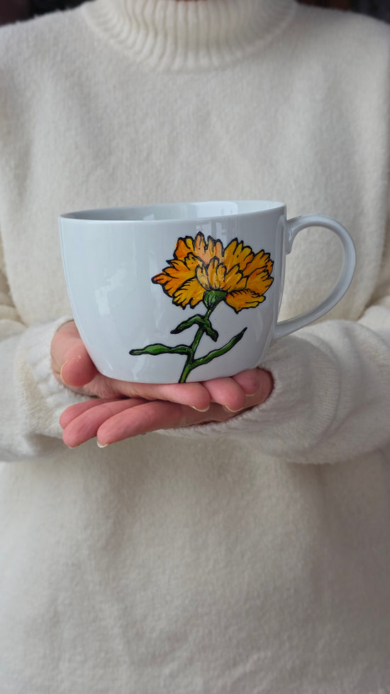 Tasse grand format design fleur oeillet d'inde (marigold) avec texte inclus