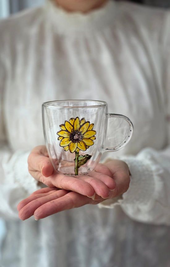 Tasse double paroi en verre espresso, design tournesol