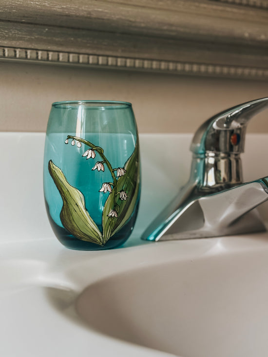 Hand-painted lily of the valley collection stemless aqua glass