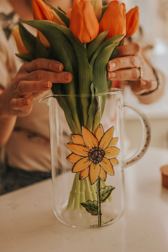 Sunflower design glass water carafe