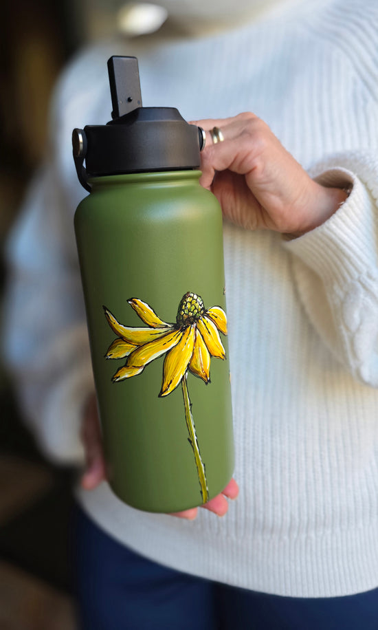 Gourde d'eau 32 oz isolante verte, design peint à la main fleur rudbeckie Pero