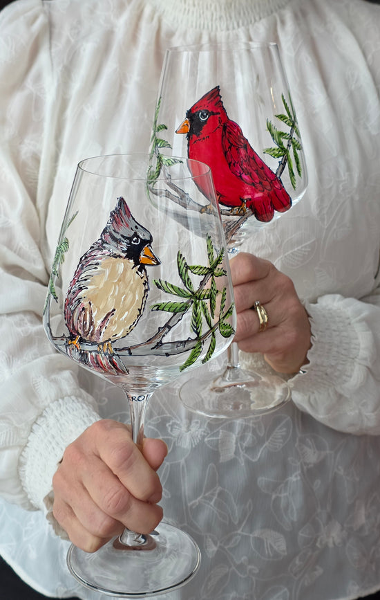 Duo de verres sur pieds oiseau cardinaux